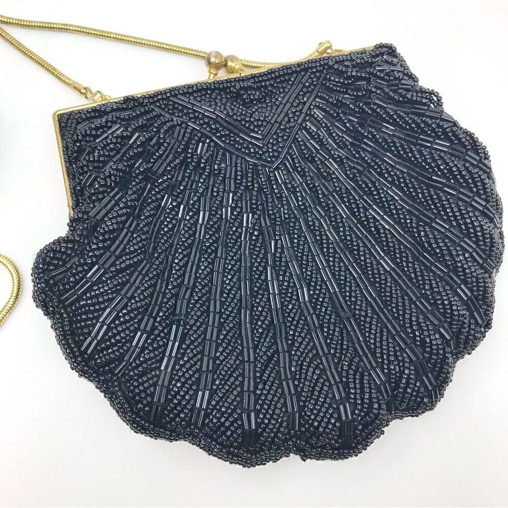 Black Beaded Retro Shell Shaped Mini Shoulder Bag - Picture 7 of 12